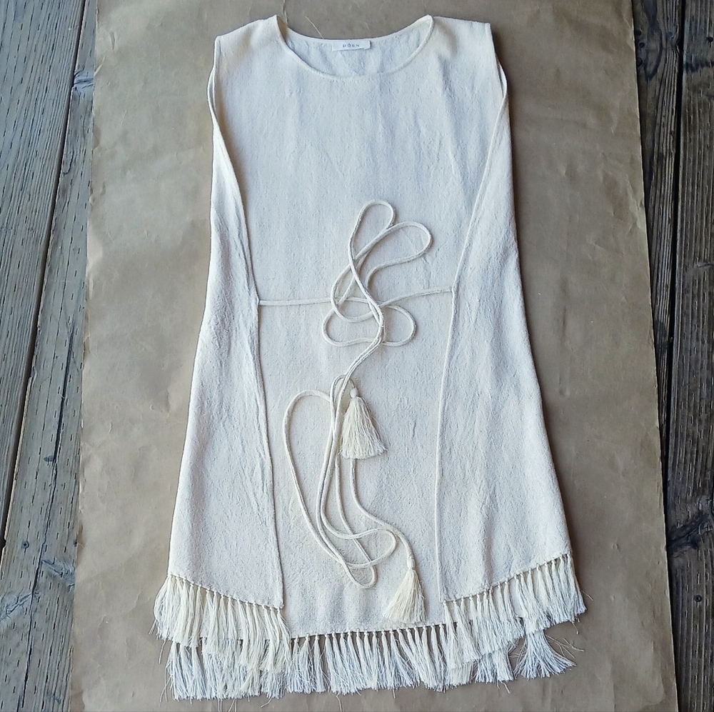 Doen Silk Fringe Noil Nellcote Nutmilk Wrap Mini Tunic Dress Cream Small XS/S